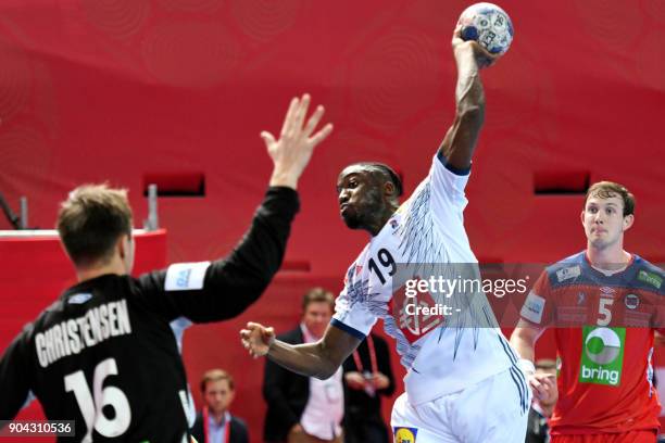 France's Luc Abalo shoots on goal during the preliminary round group B match of the Men's 2018 EHF European Handball Championship between France and...