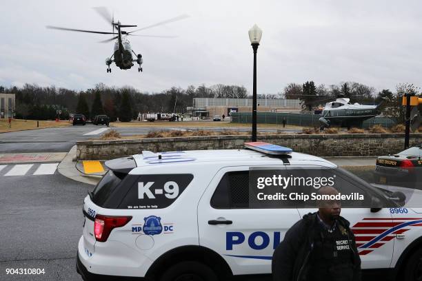 With U.S. President Donald Trump on board, Marine One lifts off from Walter Reed National Military Medical Center following the president's annual...