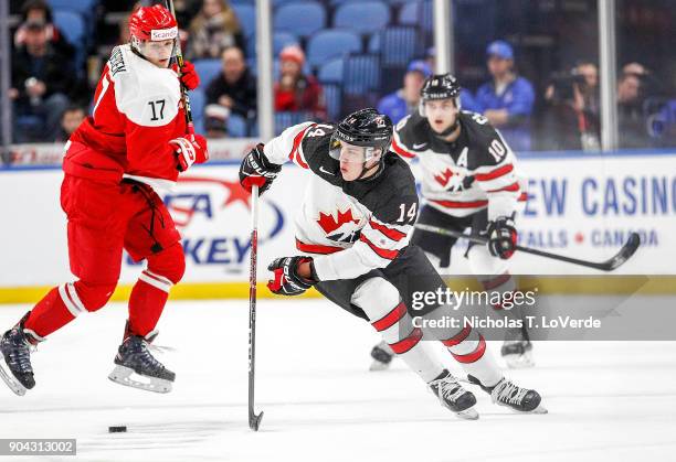 Maxime Comtois of Canada skates past Lucas Andersen of Denmark during the third period of play in the IIHF World Junior Championships at the KeyBank...