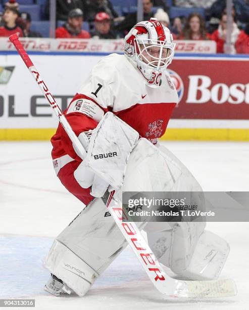 Emil Gransoe of Denmark during the third period of play against Canada in the IIHF World Junior Championships at the KeyBank Center on December 30,...