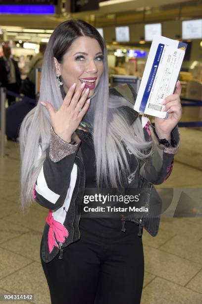 Jenny Frankhauser leaves for 'I'm a celebrity- Get Me Out Of Here!' in Australia at Frankfurt International Airport on January 12, 2018 in Frankfurt...