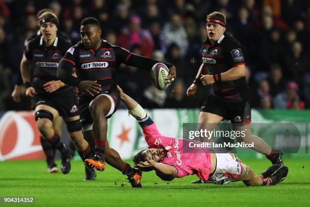 Junior Rasolea of Edinburgh Rugby drives forward with the ball during the European Rugby Challenge Cup match between Edinburgh and Stade Francais...