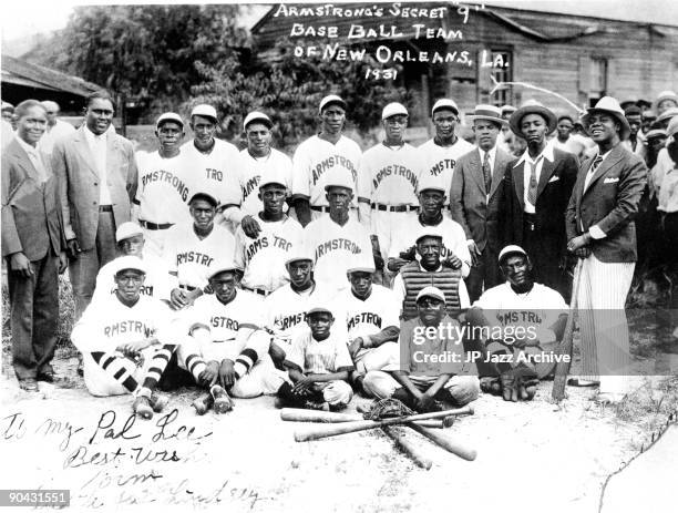 Louis Armstrong's Secret Baseball Team of New Orleans posed in New Orleans, Lousianna in 1931 with Louis Armstrong on right.