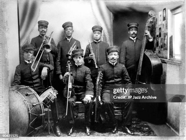 Walter Brundy, Peter Bocage, Richard Payne, Buddy Johnson, Bunk Johnson, Louis 'Big Eye' Nelson and Billy Marrero of the The Superior Band Of New...