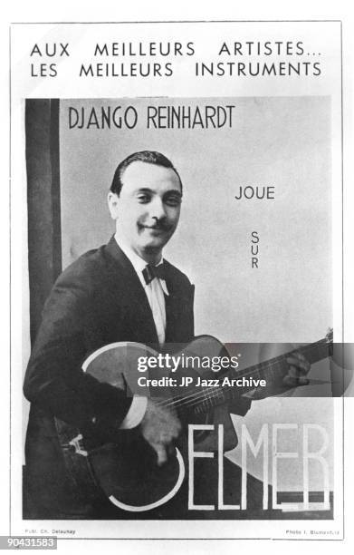 Poster of Django Reinhardt advertising Selmer guitars, c 1939.