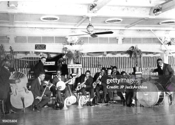 Marable's Capitol Revue line up on stage aboard SS Capitol c 1920, somewhere on The Mississippi River, with Hy Kimball, Boyd Atkins, Fate Mate...