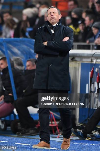 Strasbourg's French head coach Thierry Laurey reacts during the French L1 football match between Strasbourg and Guingamp on January 12, 2018 at the...