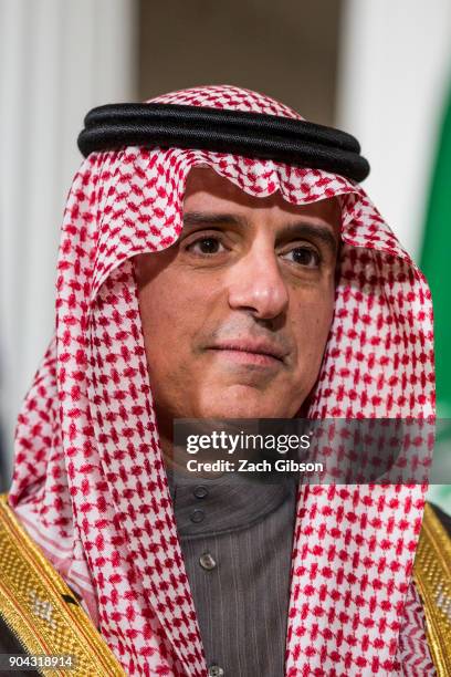 Saudi Arabian Foreign Minister Adel al-Jubeir attends a press event with U.S. Secretary of State Rex Tillerson at the State Department on January 12,...