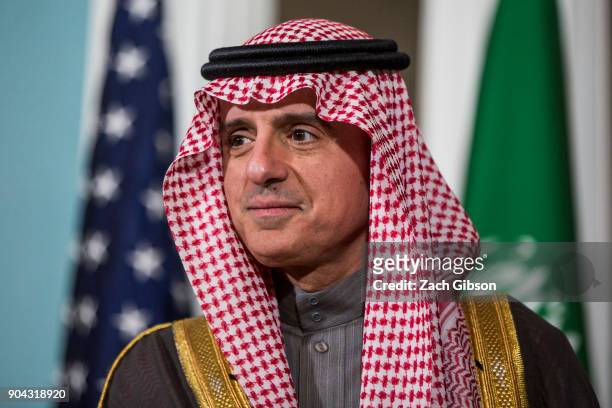 Saudi Arabian Foreign Minister Adel al-Jubeir attends a press event with U.S. Secretary of State Rex Tillerson at the State Department on January 12,...