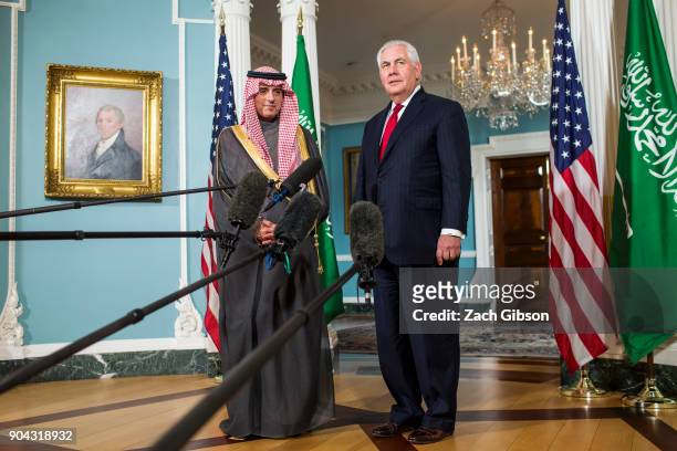 Secretary of State Rex Tillerson and Saudi Arabian Foreign Minister Adel al-Jubeir attend a press event at the State Department on January 12, 2018...