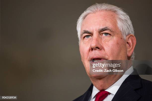 Secretary of State Rex Tillerson speaks during a press event with Saudi Arabian Foreign Minister Adel al-Jubeir at the State Department on January...