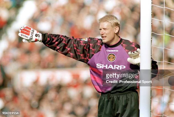 Peter Schmeichel of Manchester United gives instructions during the FA Carling Premiership match between Manchester United and Liverpool at Old...