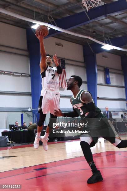 Olivier Hanlan of the Austin Spurs drives to the basket against the Wisconsin Herd during the G-Leauge Showcase on January 12, 2018 at the Hershey...