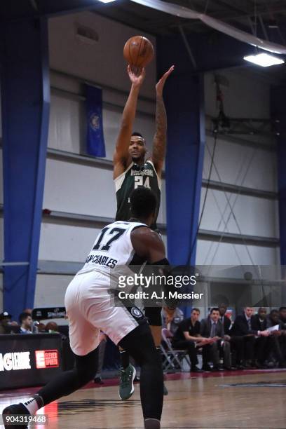 Joel Bolomboy of the Wisconsin Herd shoots the ball against the Austin Spurs during the G-League Showcase on January 12, 2018 at the Hershey Centre...