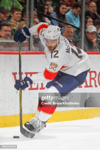 Ian McCoshen of the Florida Panthers handles the puck against the Minnesota Wild during the game at the Xcel Energy Center on January 2, 2018 in St....