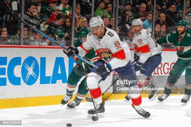 Alex Petrovic of the Florida Panthers skates with the puck against the Minnesota Wild during the game at the Xcel Energy Center on January 2, 2018 in...