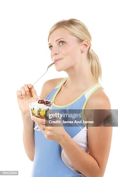 woman holding healthy food. - vanilleeis stock-fotos und bilder