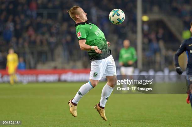 Uffe Bech of Hannover controls the ball during the H-Hotels.com Wintercup match between Hertha BSC and Hannover 96 at SchuecoArena on January 6, 2018...