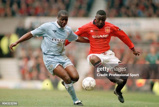 Andy Cole of Manchester United and Paul Williams of Coventry City in action during an FA Carling Premiership match at Old Trafford on April 08, 1996...