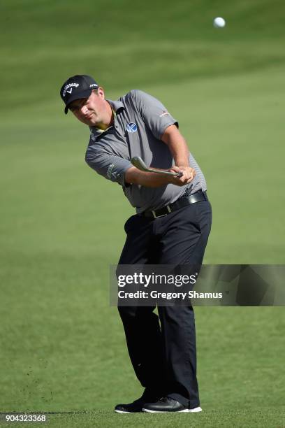 Brian Stuard of the United States plays a shot on the 18th hole during round two of the Sony Open In Hawaii at Waialae Country Club on January 12,...