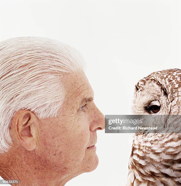 uomo e gufo - vecchio saggio foto e immagini stock