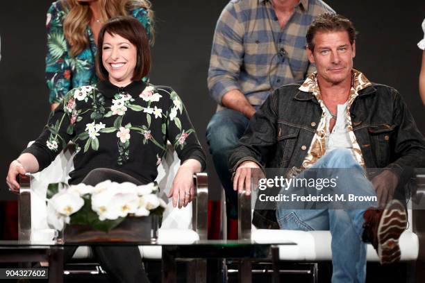 Original cast members Paige Davis and Ty Pennington of 'Trading Spaces' on TLC speak onstage during the Discovery Communications portion of the 2018...