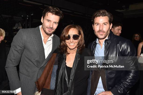 Alex Lundqvist, Donna Karan and Benjamin Thigpen attend The Cinema Society & Bluemercury host the after party for IFC Films' "Freak Show" at Public...