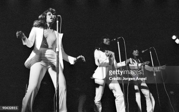 Tina Turner and The Ikettes perform on stage with Ike & Tina Turner in 1972 in Copenhagen, Denmark.
