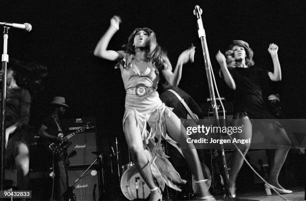 Tina Turner and The Ikettes perform on stage with Ike & Tina Turner in 1972 in Copenhagen, Denmark.