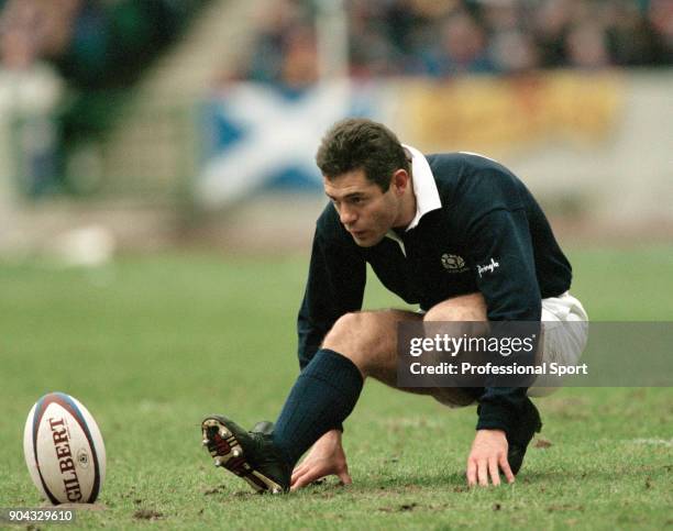 Gavin Hastings of Scotland lines up a kick against Wales during their Five Nations Rugby Union match at Murrayfield in Edinburgh on 4th March 1995....