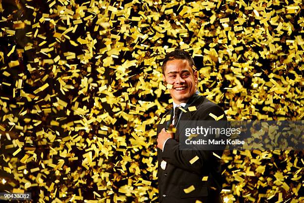 Jarryd Hayne watches the confetti fall after winning the Dally M Medal at the 2009 Dally M Awards held at the State Theatre on September 8, 2009 in...
