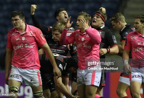 Jules Plisson of Stade Francais Paris reacts at full time during the European Rugby Challenge Cup match between Edinburgh and Stade Francais Paris at...