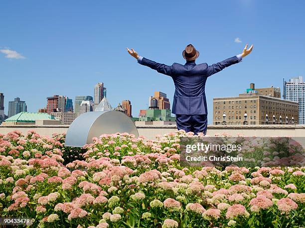 business man greening his city roof - blauw pak stockfoto's en -beelden