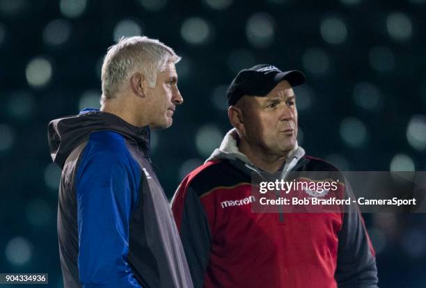 Bath Rugby's Head Coach Todd Blackadder and Scarlets Head Coach Wayne Pivac during the European Rugby Champions Cup match between Bath Rugby and...