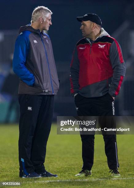 Bath Rugby's Head Coach Todd Blackadder and Scarlets Head Coach Wayne Pivac during the European Rugby Champions Cup match between Bath Rugby and...