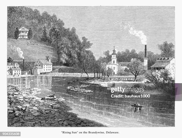 rising sun, brandywine river, delaware, united states, american victorian engraving, 1872 - cotton mill stock illustrations