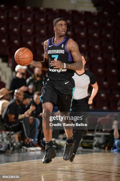 Dwayne Bacon of the Greensboro Swarm handles the ball against the Texas Legends at NBA G League Showcase Game 17 on January 12, 2018 at the Hershey...