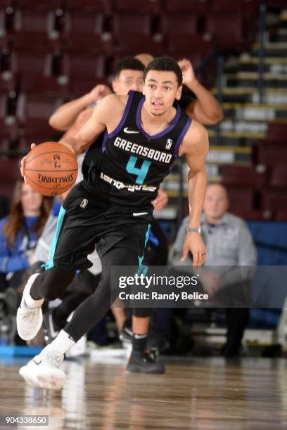 Marcus Paige of the Greensboro Swarm handles the ball against the Texas Legends at NBA G League Showcase Game 17 on January 12, 2018 at the Hershey...