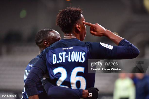 Dylan Saint Louis of Paris FC celebrates after putting his side 1-0 ahead during the Ligue 2 match between Paris FC and Bourg en Bresse at Stade...