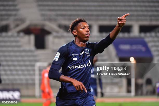 Dylan Saint Louis of Paris FC celebrates after putting his side 1-0 ahead during the Ligue 2 match between Paris FC and Bourg en Bresse at Stade...