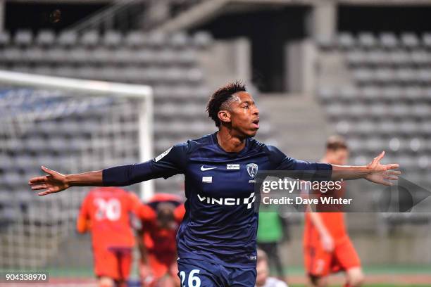 Dylan Saint Louis of Paris FC celebrates after putting his side 1-0 ahead during the Ligue 2 match between Paris FC and Bourg en Bresse at Stade...