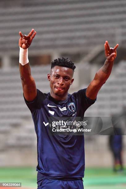Edmond Akichi of Paris FC celebrates after his side wins the Ligue 2 match between Paris FC and Bourg en Bresse at Stade Charlety on January 12, 2018...