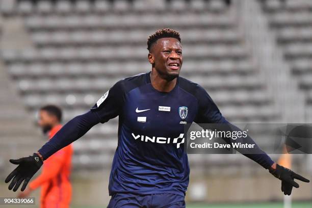 Joy for Malik Tchokounte of Paris FC as he puts his side 2-0 ahead during the Ligue 2 match between Paris FC and Bourg en Bresse at Stade Charlety on...
