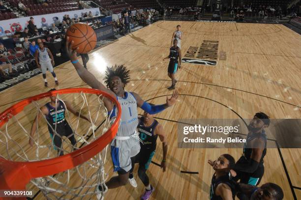 Johnathan Motley of the Texas Legends handles the ball against the Greensboro Swarm at NBA G League Showcase Game 17 on January 12, 2018 at the...