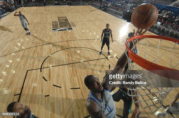 Jameel Warney of the Texas Legends shoots the ball against the Greensboro Swarm at NBA G League Showcase Game 17 on January 12, 2018 at the Hershey...