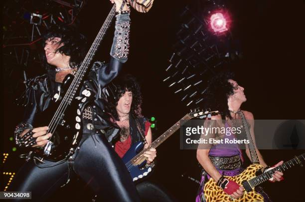 Gene Simmons, Bruce Kulick and Paul Stanley of Kiss performing at Nassau Coliseum in Uniondale,Long Island on November 26, 1984