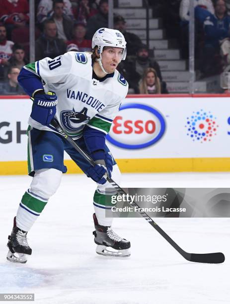 Markus Granlund of the Vancouver Canucks skates against the Montreal Canadiens in the NHL game at the Bell Centre on January 7, 2018 in Montreal,...