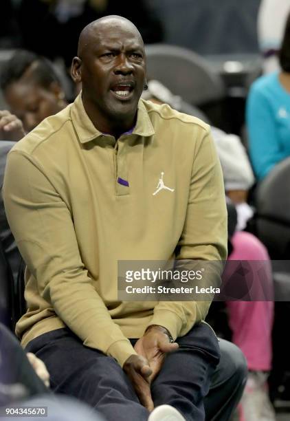 Michael Jordan, owner of the Charlotte Hornets, reacts on the bench during their game against the Utah Jazz at Spectrum Center on January 12, 2018 in...