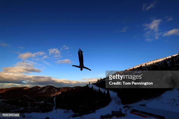 Hang Zhou of China competes in the Men's Aerials qualifying during the 2018 FIS Freestyle Ski World Cup at Deer Valley Resort on January 12, 2018 in...