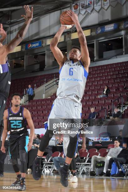 Wade Baldwin IV of the Texas Legends shoots the ball against the Greensboro Swarm at NBA G League Showcase Game 17 on January 12, 2018 at the Hershey...